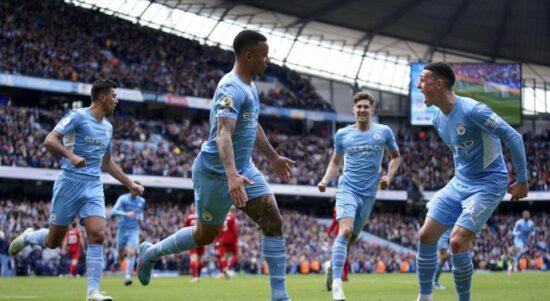 Selebrasi skuad Manchester City (AP Photo/Jon Super). 